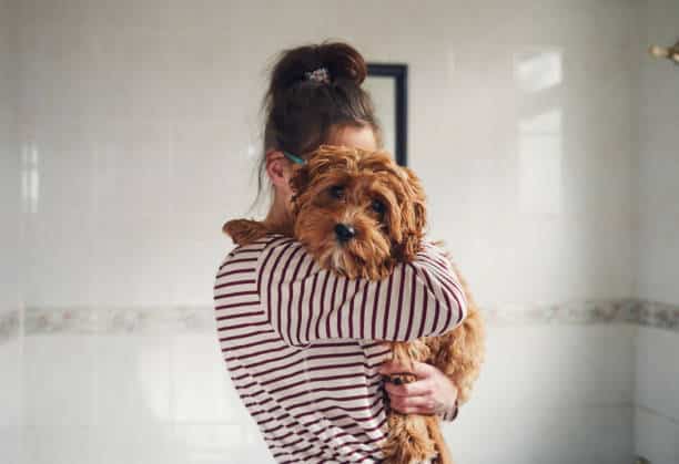 Femme qui tient son petit chien dans ses bras