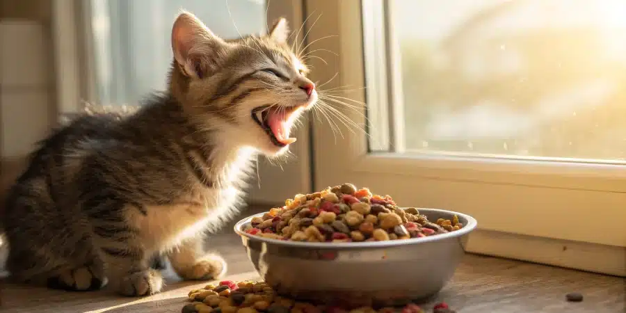 chat heureux mangeant ses croquettes